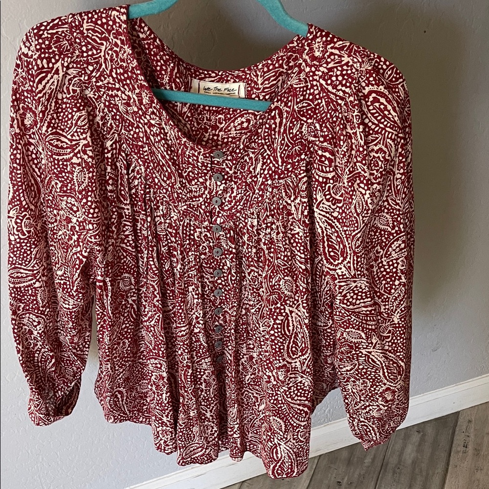 We The Free Red and White Paisley Blouse